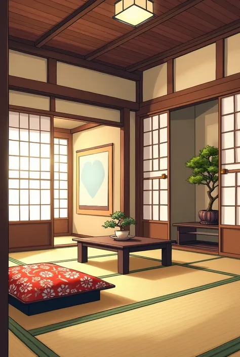 An illustration of a traditional Japanese-style living room with modern touches. The room includes a tatami floor, a low kotatsu table with vibrant patterned cushions, and a tokonoma alcove displaying a hanging scroll and a small bonsai tree. Shoji screens...