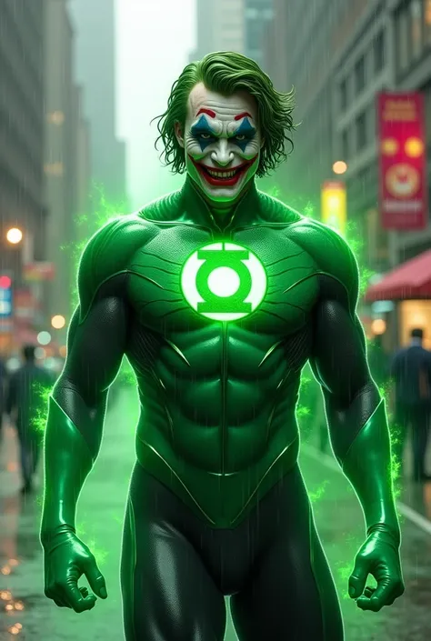 It creates a full-body fusion between the green lantern and the joker with the green lantern costume and its green , ring, a green glow exuding from its body, inspiring power on a busy street with plenty of light and raining.