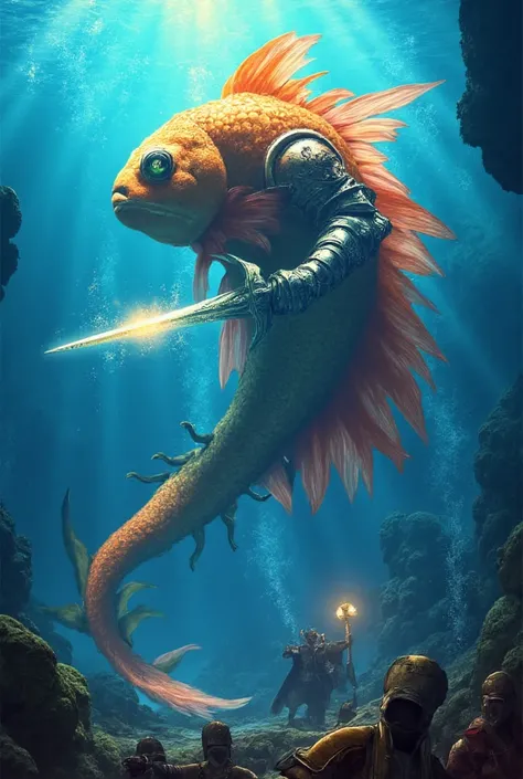 An epic transformation of a vibrant, glowing fish evolving into a majestic, armored war knight. The video begins underwater, showcasing the fishs shimmering scales reflecting sunlight. As the transformation begins, fins morph into metallic limbs, a tail re...