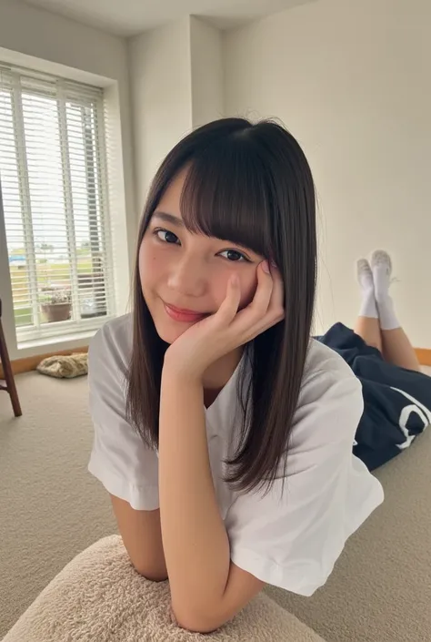  open shirt , Super cute elementary school student who doesnt wear underwear 、((( slouching forward))), (( miniskirt)),   natural makeup,  sexy gaze, barefoot, (( your legs are crossed)),  Shot from below ,  Gentle Expression 、((The correct body shape for ...