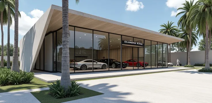 I like to get a complete car showroom photo with below photo , name in signage is Diamond King, the entrance is square shape, the roof is triangle, walls are covered with glasses, there are also palm trees,make this more normal 