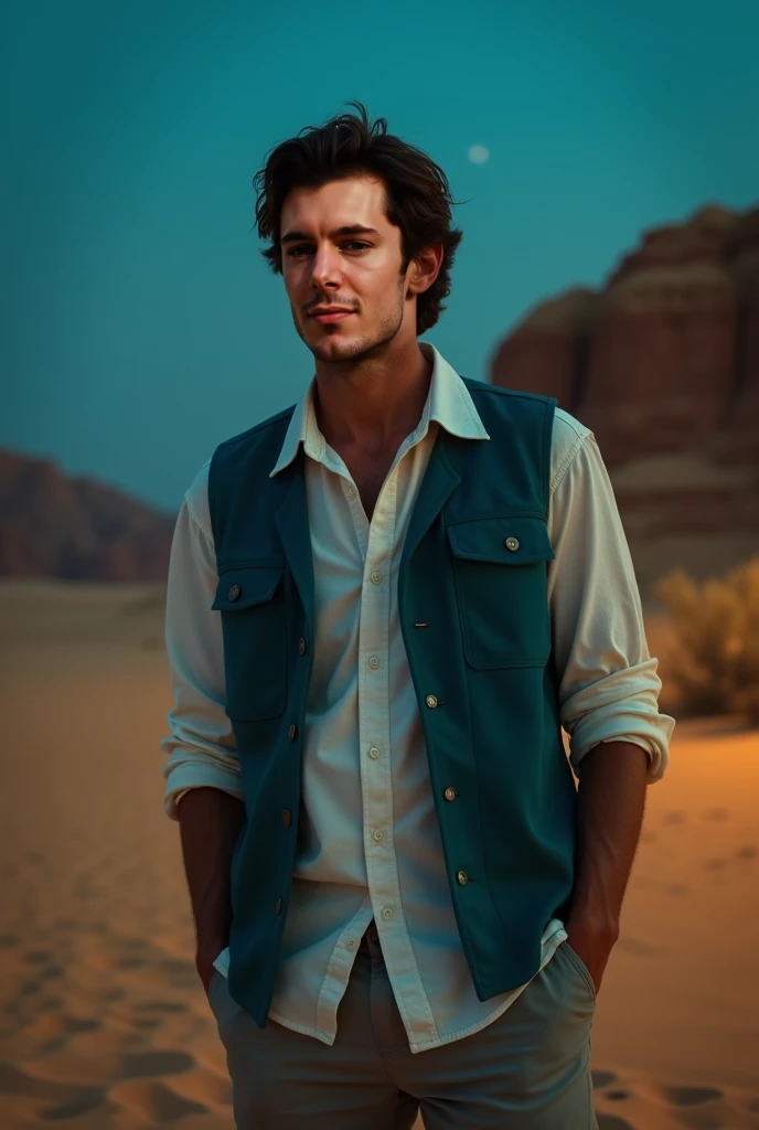 Adam Brody has short, dark brown hair styled casually. He wears a white button-up shirt underneath an open teal vest, paired with light gray shorts, cinematic, very cinematic, dark night desert blue dramatic light at fall out of focus as the background, li...