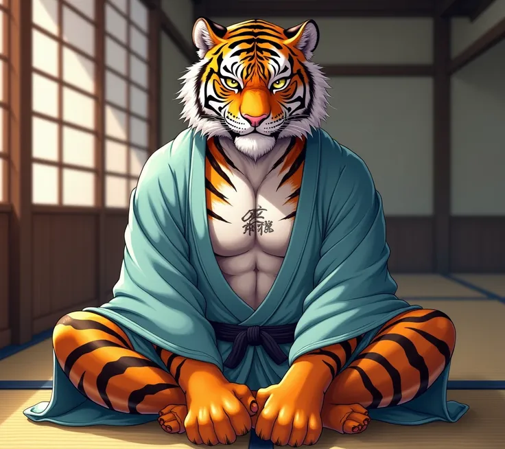 anime-style tiger  (Not so pretty definitions),  dressed in a light blue yukata ,  half open showing his chest ,  a cut scar on his chest.  sitting on the floor with crossed feet ,  inside a classic Japanese-style house.