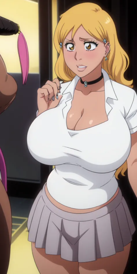 orihime inoue,bleach artstyle,big breast,enchanted big breast,thick lips,circle piercing in lips,((((white shirt school uniform)...