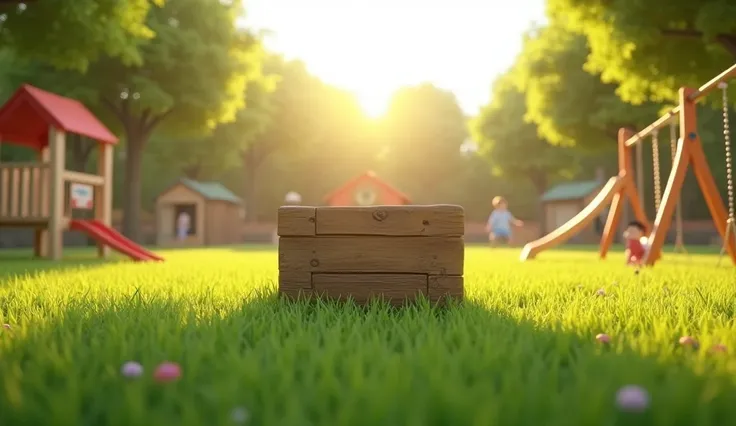 in 3 D animation image, Kindergarten school yard ,  contains a wooden box in the middle of the field