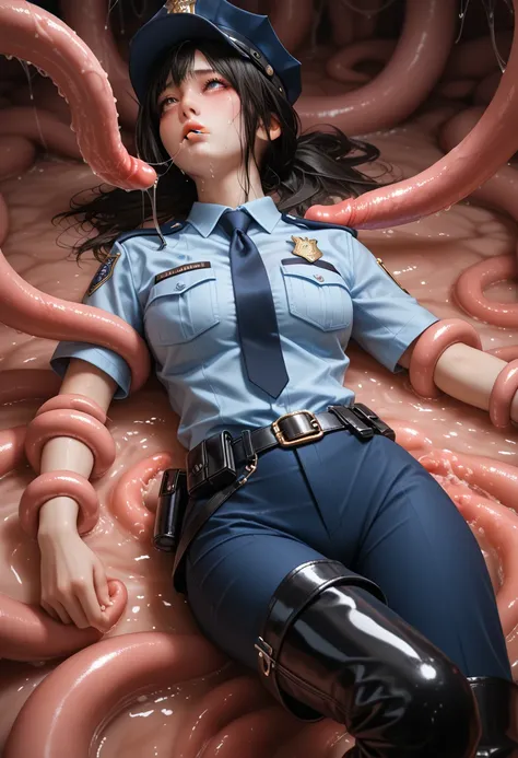 1girl, policewoman,uniform,fullbody shot, from head to toe,With clothes on,long pants,thigh high boots, colored pencil(medium), sanpaku,jitome, madness, {{tentacles, tentacle sex}}, implied after sex, streaming tears , pale, [[[pale skin]]],{exhausted}, em...