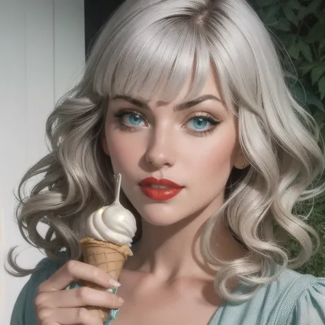  a close up of a person holding an ice cream cone, SWEET GIRL,  Woman with wavy and silver hair , fringe, light blue eyes,  red lips , soft green dress ,