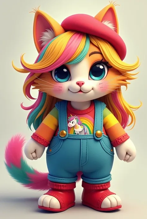 A cute anthro ragdoll cat with long rainbow hair rainbow unicorn long rainbow shirt blue overalls and red boots and red kitty beret with cat ears on it