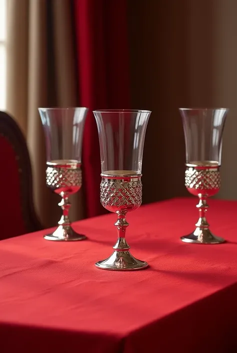 Red dining table with three silver drinking glasses