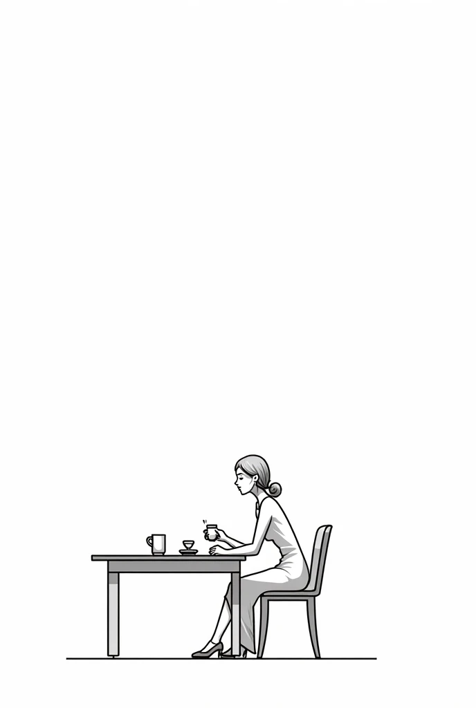 Draw with black lines a woman drinking tea in a dining room draw with only black lines and from the front 