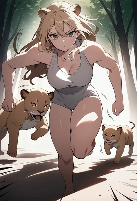 The lioness, with fierce determination in her eyes, is seen running toward her injured cub. Her muscular body is tense, and her speed showcases urgency and power. The background is a blur of dense trees, highlighting her swift motion. Ultra HD, action-pack...