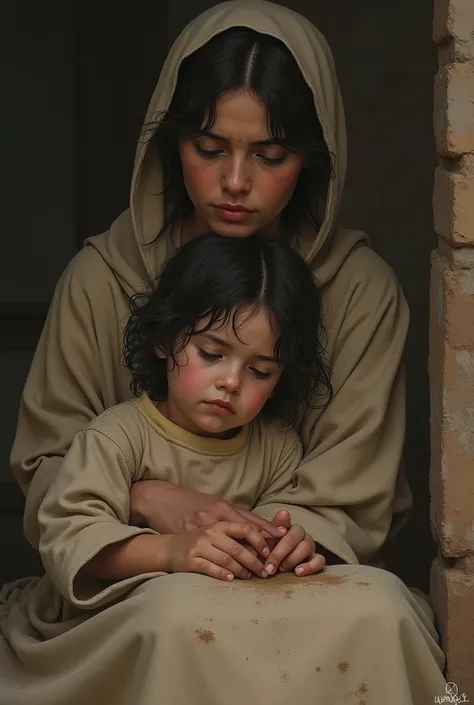 A  wipes his face on his mothers lap. Dust on him.