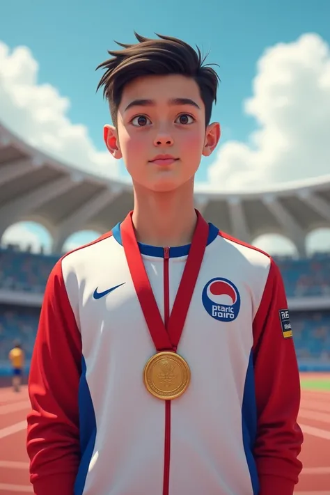  boy wearing tricolor white, red and blue sportswear with a gold medal for national games. 