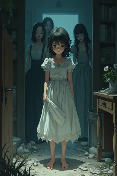 create a anime photo about 1. Cinderella lives a miserable life with her cruel stepmother and stepsisters. She is forced to do all the chores and is treated poorly. 