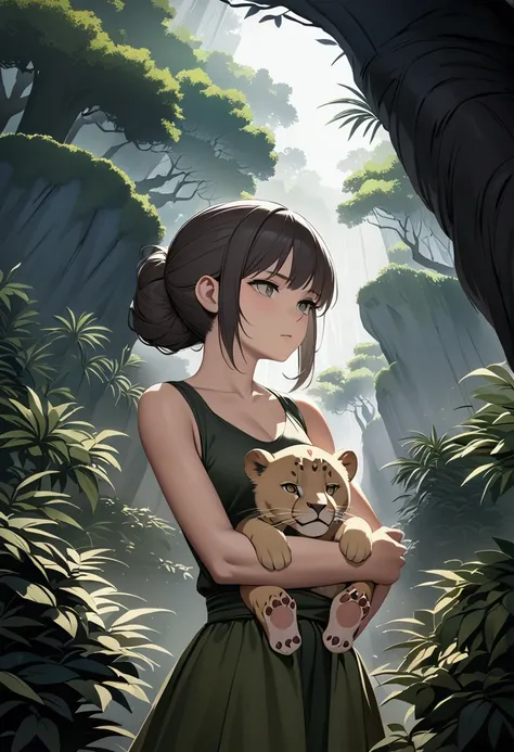 The lioness carefully carries her injured cub by the nape, hiding him behind a thick bush in a dark, dense part of the jungle. She turns back to face the hunter, her eyes fierce and protective. The atmosphere is tense, with the shadows of trees creating a ...