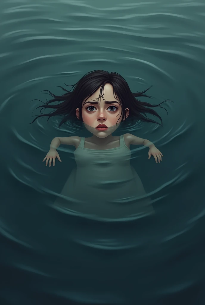 Woman submerged in depression realistic cartoon