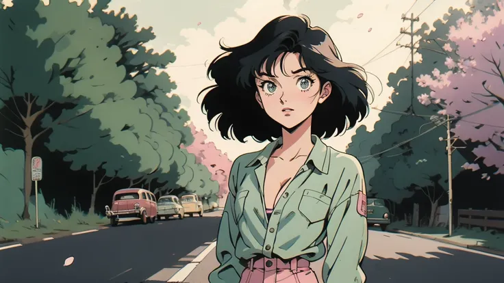 anime girl, 40s anime, vintage classic anime aesthetic, mono pink, green shirt, short jumpsuits, long black hair, cleavage next to anime boy, 40s anime, vintage classic anime aesthetic, white  shirt, short jumpsuits, black hairr. late afternoon, standing o...