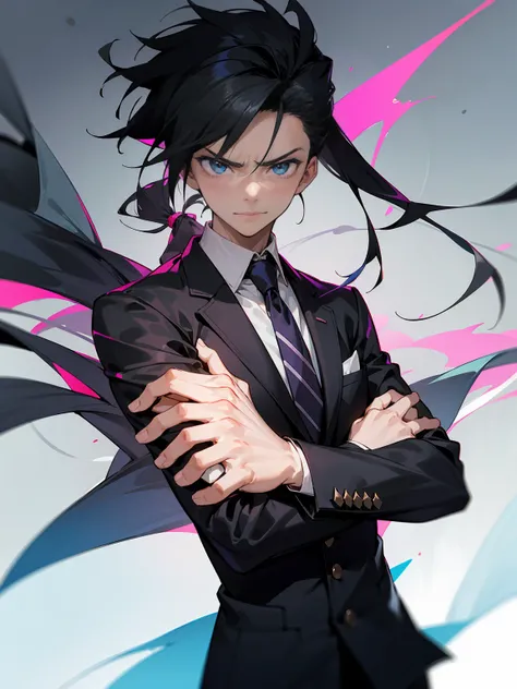 1male , Black Fitted Suit and Tie , Rolled Up Sleeves , Black Hair , Spiky Ponytail , Rolled Up Sleeves , Lean Muscular Build , Adult Male , Serious Expression 