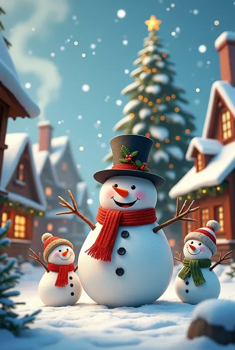 a very festive snowman and his friends in a village at Christmas