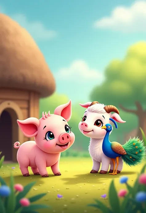 Create an image of a cute farm with a baby pig ,  a baby goat and a peacock with an animation for ren