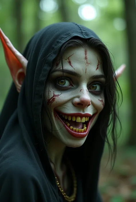  Create an image of an elf with dark and shiny eyes ,  sharp yellow teeth with some blood , wrinkled skin that was caused by a spell ,  then he meets a woman who is beautiful and curious and wanted to know that she lived in the forest ,  after that he beco...