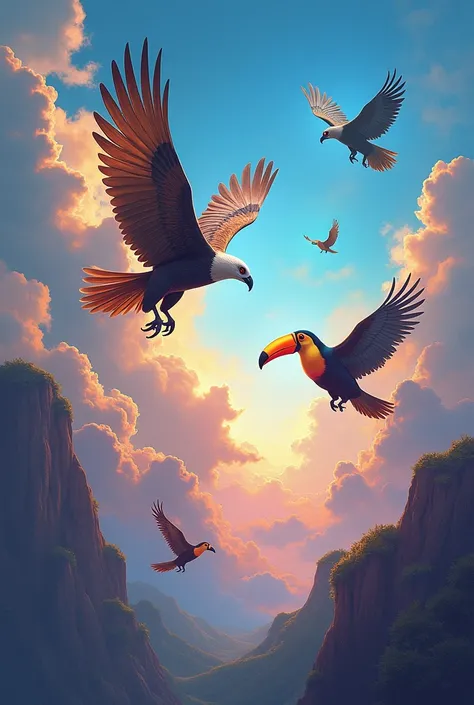  Make me an isologue with the name Copé sky with birds like the harpy eagle, Guacamayas , toucans and other species  