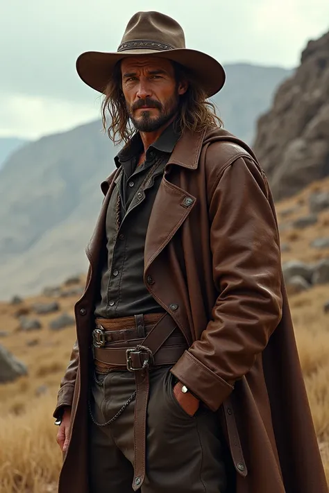 a man with long hair, leather hat, and especially leather overcoat