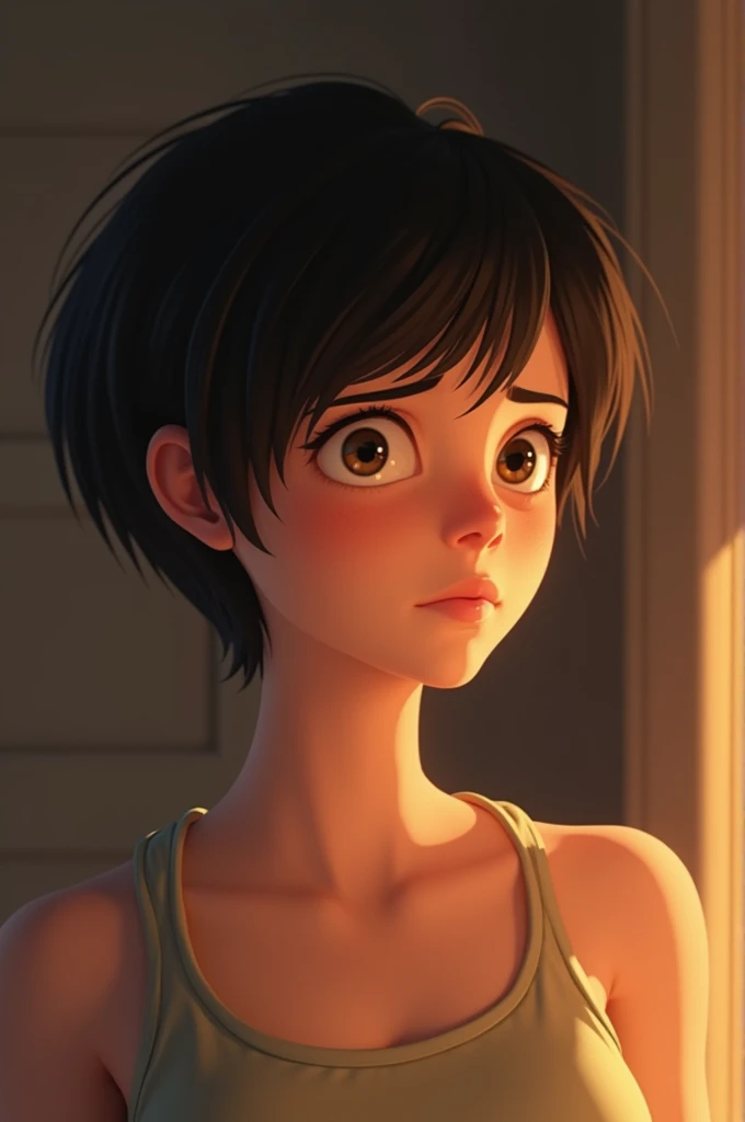  a 25-year-old woman ,  short black hair,  and light brown eyes light colored skin. Starting with a tall white-skinned man ,  short black hair.  He with a sad physiognomy at the same time upset and she is a little distant from him. Pixar style image