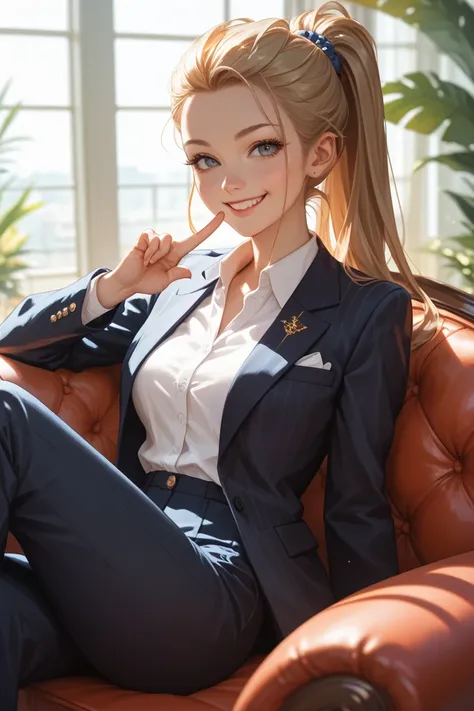 Slender women　 Japanese　 wearing a suit 　 is holding up her index finger　 ponytail　 sitting on the couch　Look straight ahead and smile　 Forehead showing　長い ponytail アニメ美少女