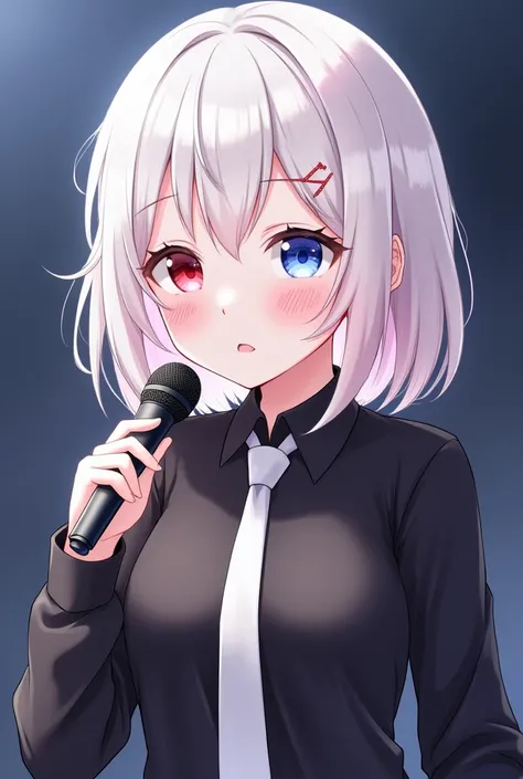  1 woman, Bob Hair with white hair - 、Details、Beautiful eyes、 odd-eye、Right eye blue、Left eye red、Transparency、pastel pink aurora hair、long sleeve black shirt 、 white tie、 anime style、 has microphone 、 smiles,  glitter effect ,  look at the audience smiles...