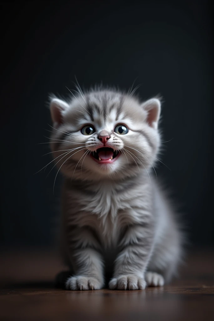 Baby cute grey cat smiling in dark background 