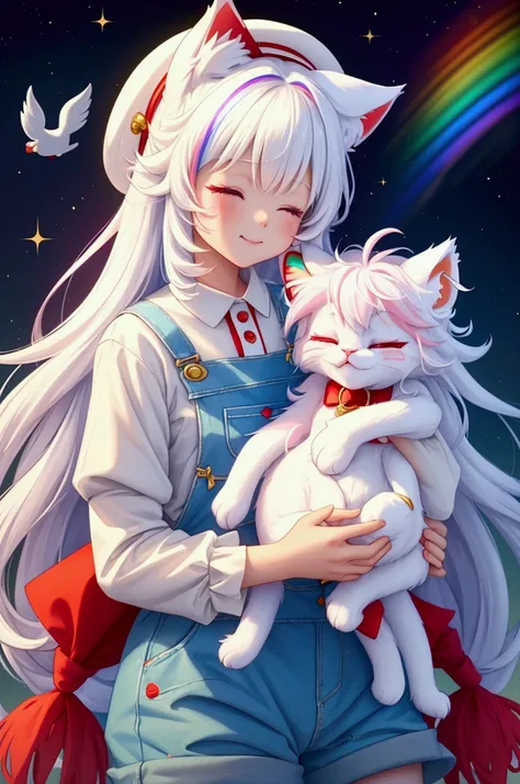 A cute white anthro ragdoll cat with long rainbow hair rainbow unicorn long rainbow shirt blue overalls and red boots and red kitty beret with cat ears on it with closed eyes