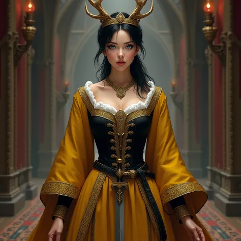 Women with black tied up hair and blue eyes wearing a yellow and black tudor style dress and a crown in the shape of deer horns, with a sword tied on her waist standing in a medieval castle



