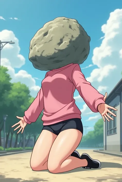 girl, anime, adolescent, chompa rosa, black shoes with white toes, kneeling,  with a large rock that replaces your head,  with arms outstretched ,  anime style,  boxer shorts color black,  long legs,  big thighs , The buttock upwards