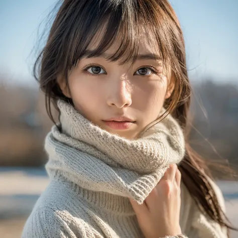 A hyper-realistic image of a single Japanese woman in her early 20s, captured with the nostalgic warmth and subtle graininess of a film camera. She is dressed in stylish winter attire, featuring an oversized coat, a textured wool scarf wrapped loosely arou...