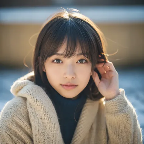 A hyper-realistic image of a single Japanese woman in her early 20s, captured with the nostalgic warmth and subtle graininess of a film camera. She is dressed in stylish winter attire, featuring an oversized coat, a textured wool scarf wrapped loosely arou...