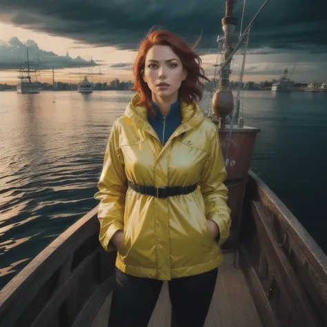 (masterpiece:1.2),  best quality, photo of a beautiful female fisherwoman ,  red hair, 40 years,  wearing a yellow raincoat,  (On a fishing boat:1.3),  dark clouds, Photorealistic, Hyperrealistic,  hyperdetailed ,  analog style ,  perky hip , reserved, sho...