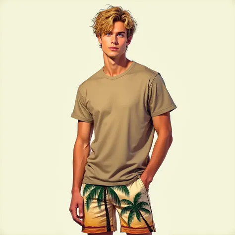  photo of a cute guy  ,in a khaki t-shirt , bermuda shorts with painted palm trees , years old 25 years old with short blond shaggy hair,with blue eyes,European, on a neutral background ,lots of small details