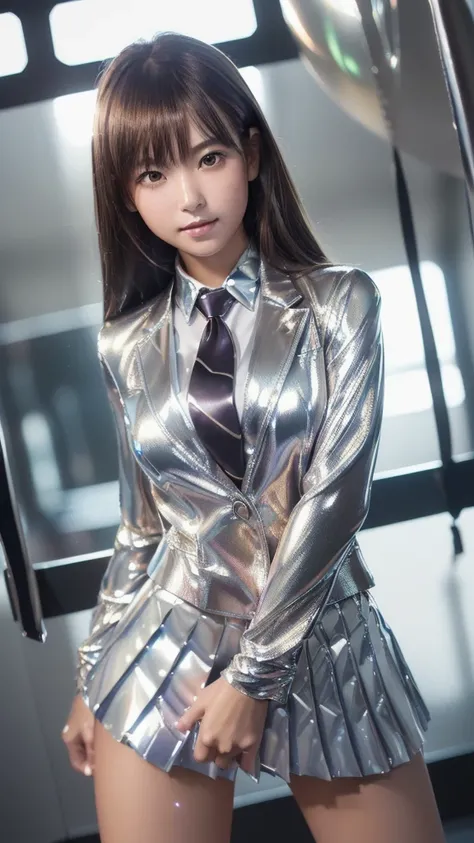 masterpiece,  best quality,  One Super Beautiful Young Japanese Woman  ,(6.Five Heads),student,Front View,positive,smile,  COWBOY SHOOTING ,Daytime,( Background Like 2001 Spaceship Interior : Space Odyssey ), 
(  Ultra Shiny Metallic Color Blazer with Ultr...