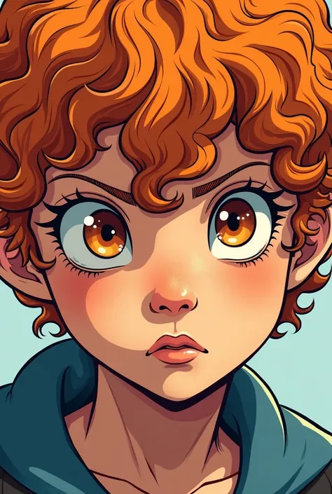 A close-up image of a young student with curly orange hair and a creepy look in the effect of a comic strip