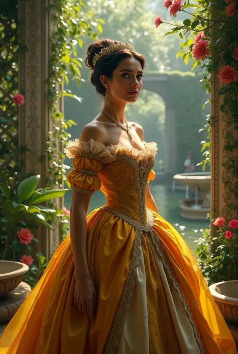 A Brazilian woman in a lush garden, Dressing from the 1700s , , showing your natural charm. She is the Empress of Brazil.