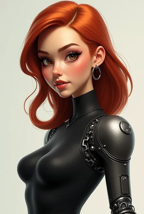 create a beautiful  , tanned, with delicate features,  redheaded with a mechanical prosthesis in place of the arm, with light brown eyes ,  wearing a black outfit attached to his body. Do it in a realistic 3D drawing