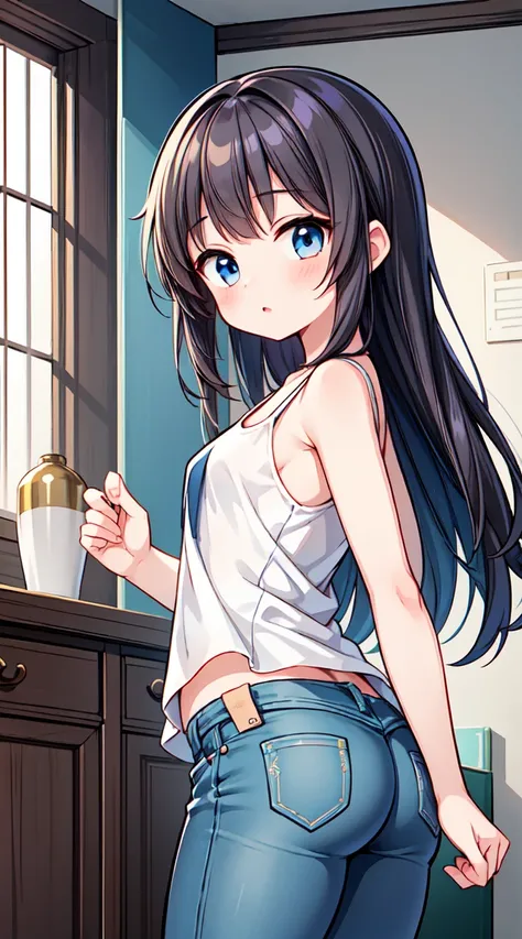  cute girl ， A very young and very girl ，Very girl ， S，，Very Short Stature， My buSt iS flat ，Very  Slike，Very 小さい round aSS， very thin thighS，  transparent tank top with fringed hem jeans section. ThighS and round aSS,  beautiful ,  color ,  super detailed...