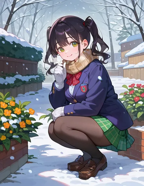 { best quality}, { VERY BEAUTIFUL}, { Very detailed}, { best illustrations},  girl,garden,Blue-black hair,(( twin tails)), Medium Hair , slouching forward,Outdoor,((smile)),((winter clothes ************  school uniform)), plaid green skirt, school bag,wint...