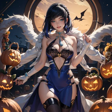 1girl, dress, jewelry, navy hair, glow hair, flowing hair, ahoge, armpits, bandaged arm, bandaged hand, bandaged leg, bandaged neck, bandage chest, bandages all over the body, bandages, bare shoulders, glow eyes, mummy costume for Halloween, Halloween them...