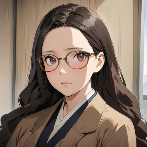 1 female, mature lady, ((sad expression)), very long wavy dark-brown hair, long eyelashes, brown eyes, large breasts, eyeglasses, brown coat, (in a meeting room), (half-body image:1.3), masterpiece, ultra HD, anime style, (my hero academia art style)