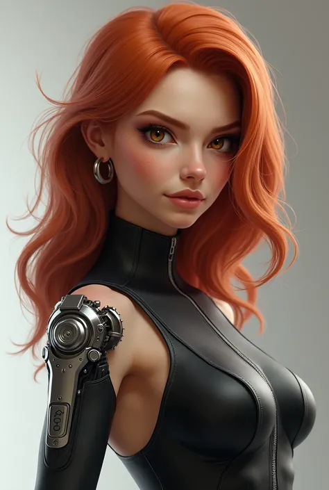 create a beautiful  , tanned, with delicate features,  redheaded with a mechanical prosthesis in place of the arm, with light brown eyes ,  wearing a black outfit attached to his body. Do it in a realistic 3D drawing