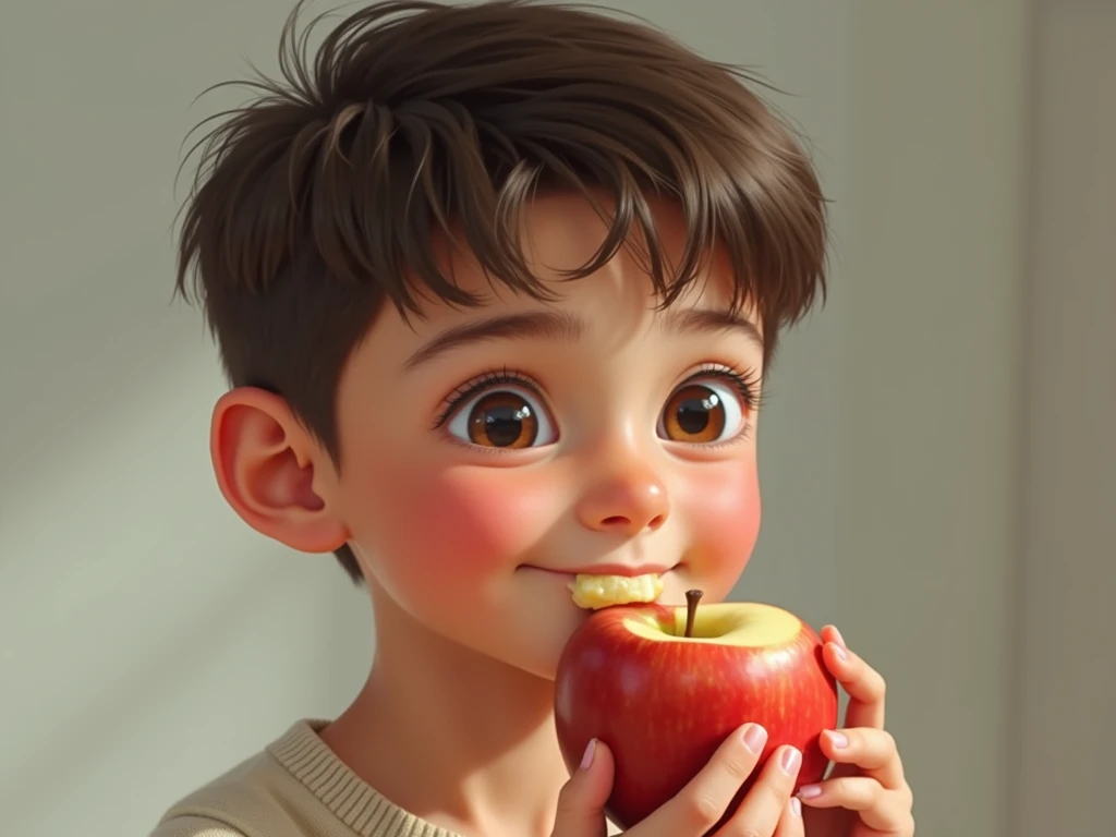 create a realistic image of a handsome boy eating an apple.