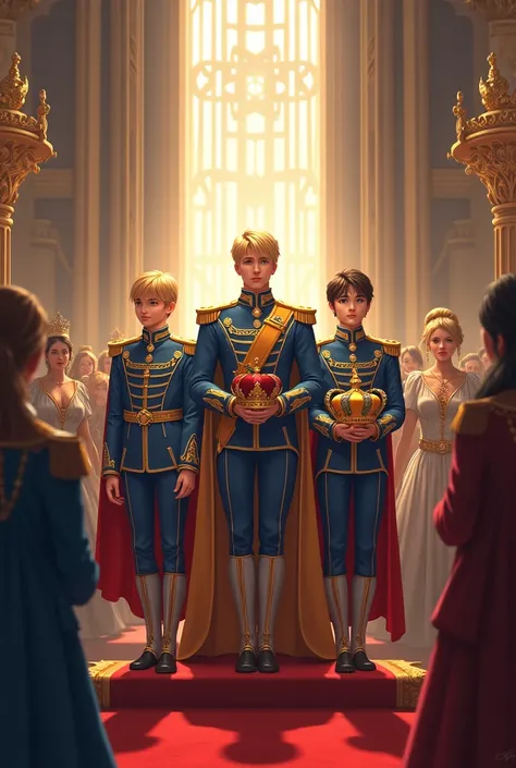 A ceremony ,  A royal castle hall , surrounded by princesses and princes , arriba en el balcón a 20-year-old prince ,  of blond hair with green eyes in a blue princes suit with gold details and next to him his brother, a 20-year-old prince , blue-eyed brow...