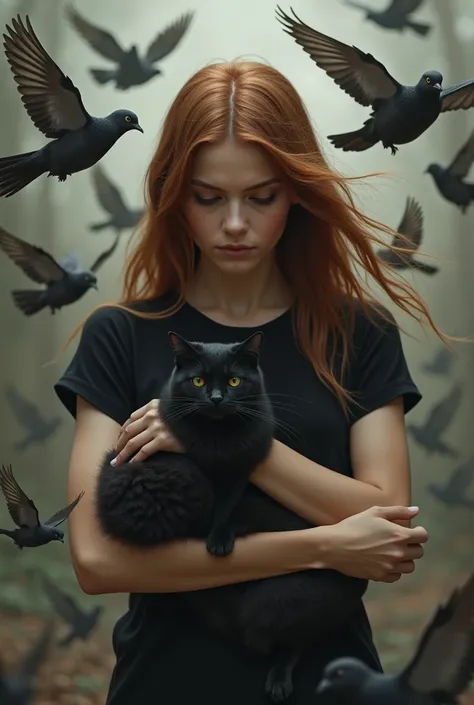 A 37-year-old woman with long straight copper-colored hair, brown eyes, big black eyebrows, wears a black t-shirt, she has a black cat in her arms with only one white eye, the woman and the cat are surrounded by wild doves, doves, auriculate zenaided turtl...